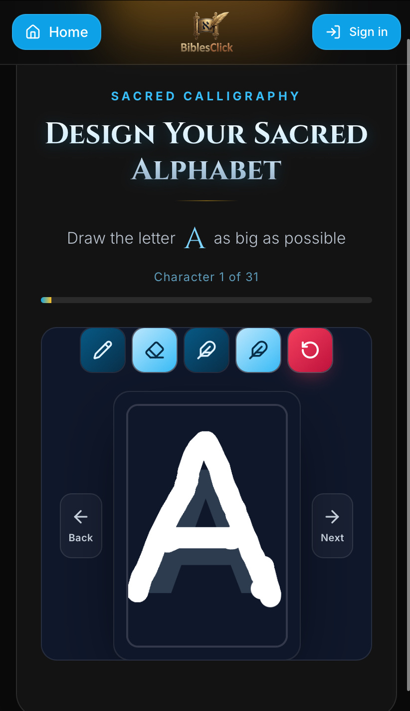 BiblesClick alphabet editor showing a hand-drawn letter A